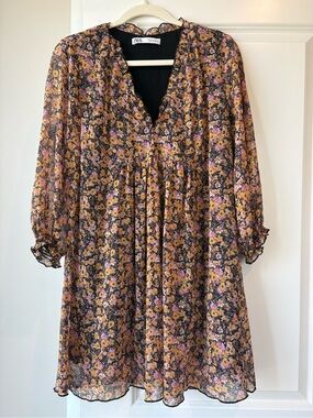 Zara Black Floral Smocked Yoke Mini Dress with Mustard & Pink Blooms